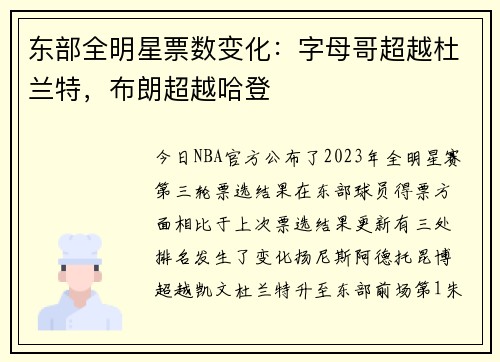东部全明星票数变化：字母哥超越杜兰特，布朗超越哈登
