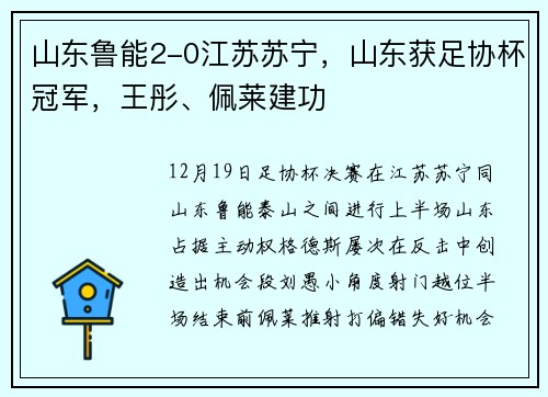 山东鲁能2-0江苏苏宁，山东获足协杯冠军，王彤、佩莱建功
